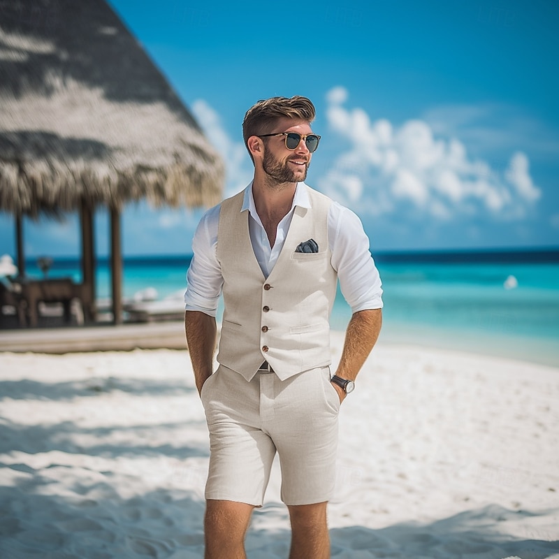 Men's Beach Wedding Linen Suits Sky Blue Sage Fashion Casual Solid Colored Standard Fit 2 Piece2