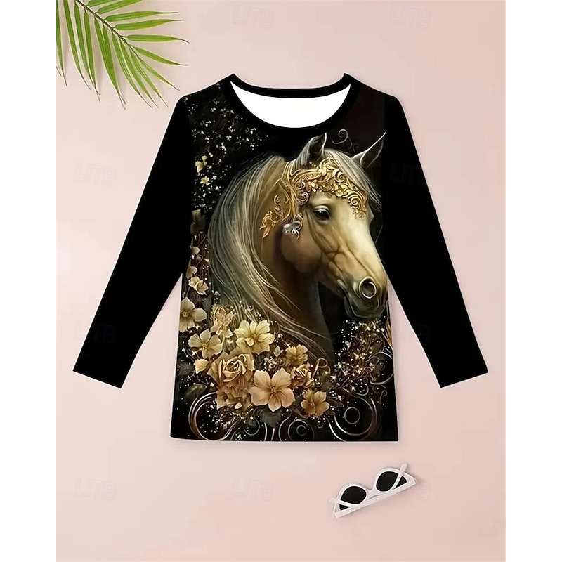 Girls' 3D Horse T shirt Tee Long Sleeve Spring Fall Fashion Basic Kids 4-12 Years Crew Neck Outdoor Casual Daily Regular Fit2