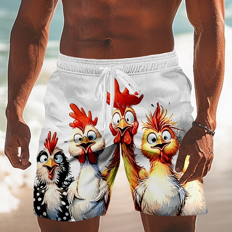 Men's Animal Chick Funny Swim Shorts Board Shorts Swimming Trunks Mid Waist Streetwear Hawaiian Vacation Drawstring Mesh Lining Elastic Waist Designer Clothing Apparel