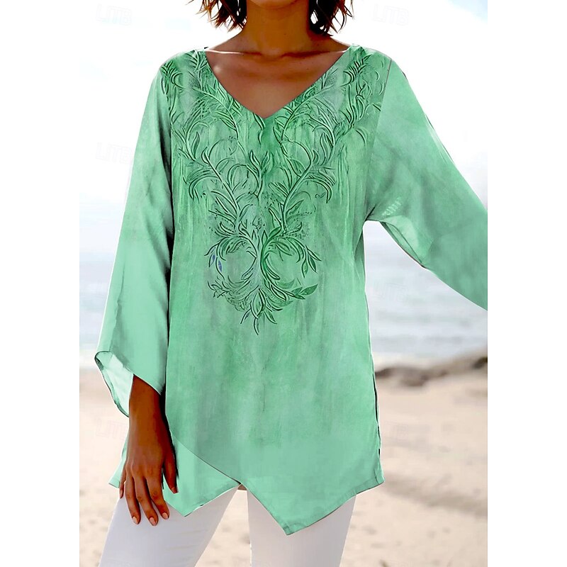 Women's Blouse Long Sleeve Asymmetrical Hem Floral Graphic Stylish Ethnic Beach Short Sleeve V Neck Regular Tops Daily Holiday Print Pink Blue Purple Green Summer Spring4