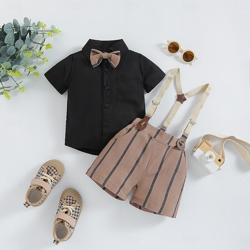 3 Pieces Ring Bearer Suit Boys Kids Toddler Shirt & Shorts School Formal Party Cool Basic Casual Stripe Striped V Neck Black Cotton2