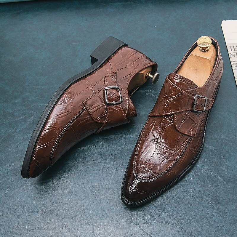 Men's Formal Monk Strap Shoes in Glossy Crocodile Pattern Faux Leather, Sleek Design with Buckle Closure for Business and Formal Events3
