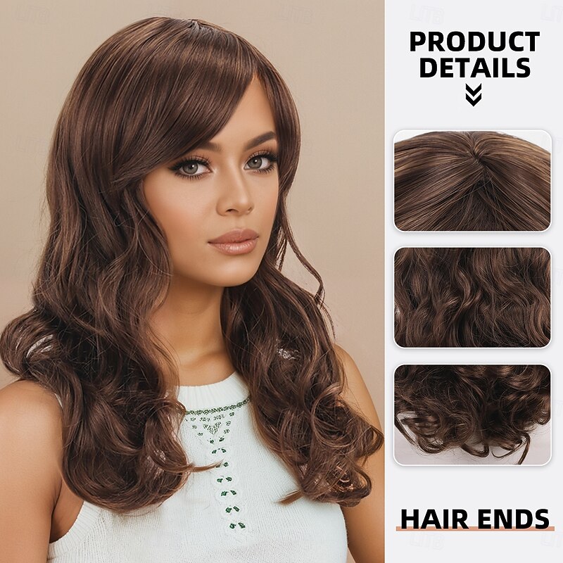 Synthetic Wig Wavy Curly Weave Layered Haircut Deep Parting Machine Made Wig 22 inch A1 Synthetic Hair Women's Soft Classic Comfortable Brown2