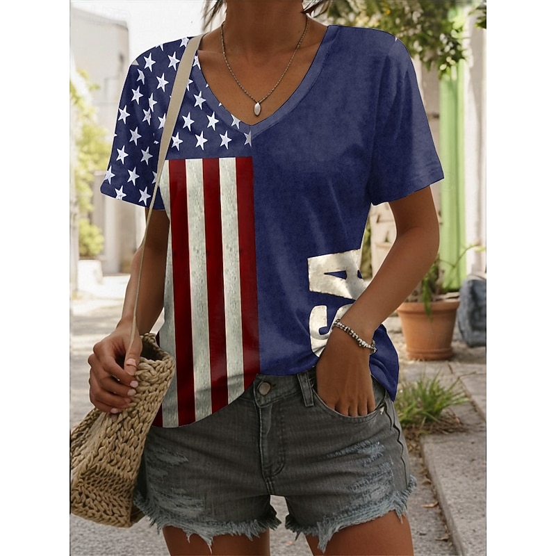 Women's Patriot Veteran Patriotic  Blouse Flag Casual Red White And Blue Short Sleeve V Neck Regular Tops Daily Print Blue Summer Spring