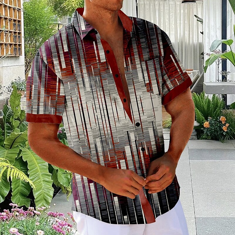 Men's Geometric Gradient Color Line Shirt Button Up Shirt Short Sleeve Fashion Casual Vacation Holiday Streetwear Summer Turndown 3D Print Front One Pocket Linen Like Shirt Red Purple Green