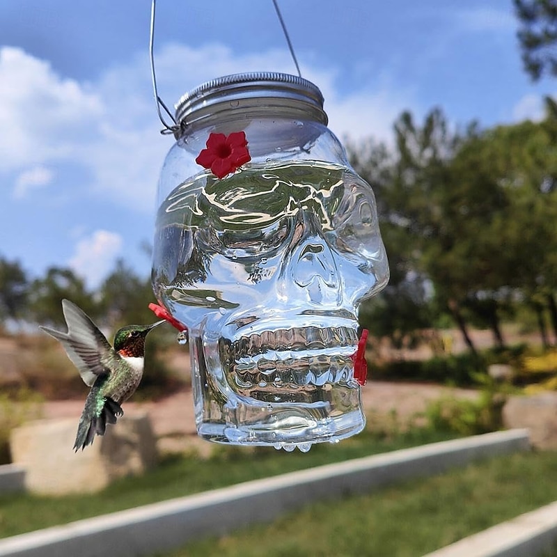 Hummingbird Feeder for Outdoors Hanging, Skull Shaped Humming Bird Feeder with 4 Feeding Ports, Halloween Gothic Bird Feeder Garden Backyard Decorative, Clear3