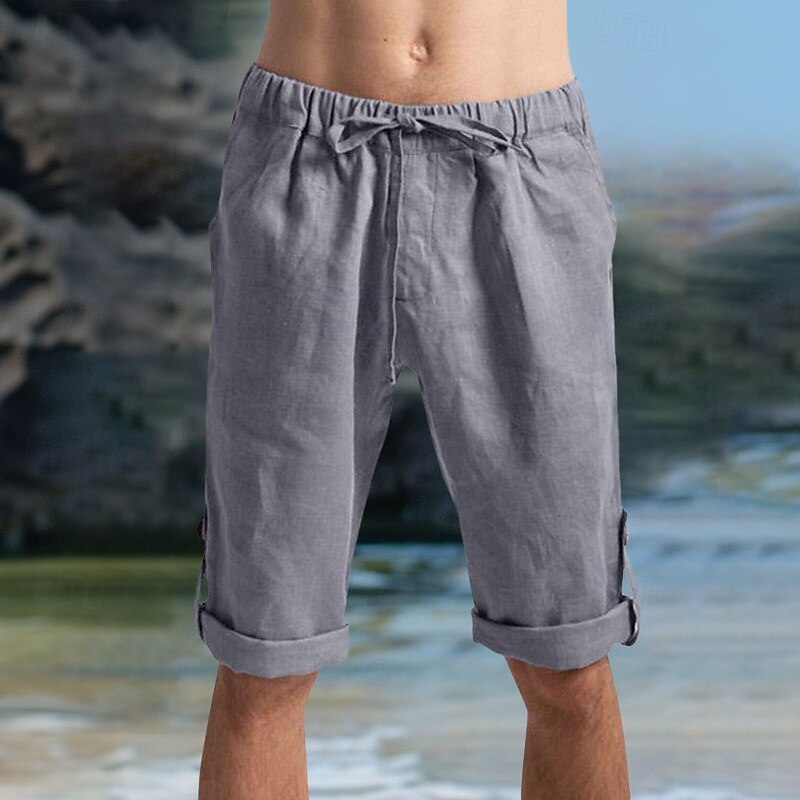 Men's Shorts Linen Shorts Summer Shorts Beach Shorts Pocket Drawstring Elastic Waist Plain Comfort Breathable Knee Length Outdoor Daily Holiday Fashion Hawaiian Black Khaki2
