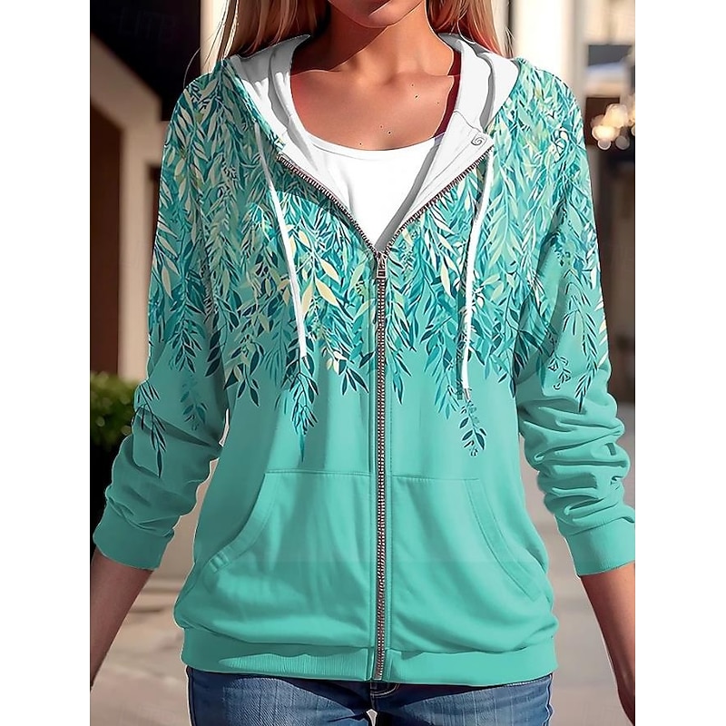 Women's Hooded Sweatshirt Jacket Long Sleeve Zip Up Hoodie With Pocket Lightweight Casual Micro-elastic Oversized Floral Active Vintage Sports Drawstring Front Pocket Blue Fuchsia Green Spring Fall