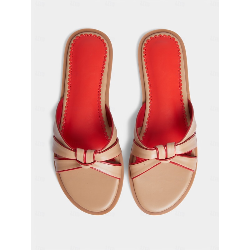Women's Beige and Red Slip-On Flat Sandals with Knotted Straps – Casual Everyday & Summer Date Shoes2