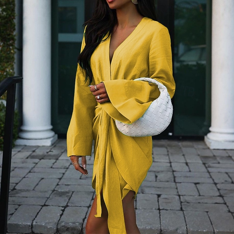 Women's Mini Dress Cotton Linen Dresses Cotton Linen Dress Fashion Modern Outdoor Going out Weekend Regular Fit Plain Long Sleeve V Neck Yellow Green Rose Red Summer