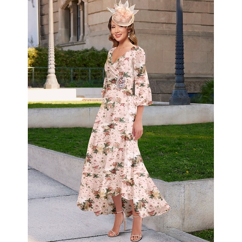 A-Line Mother of the Bride Dress Floral Print Elegant Vintage Simple V Neck Floor Length Chiffon 3/4 Length Bubble Sleeve with Pleats Details and 3D Flowers Wedding Guest Dress
