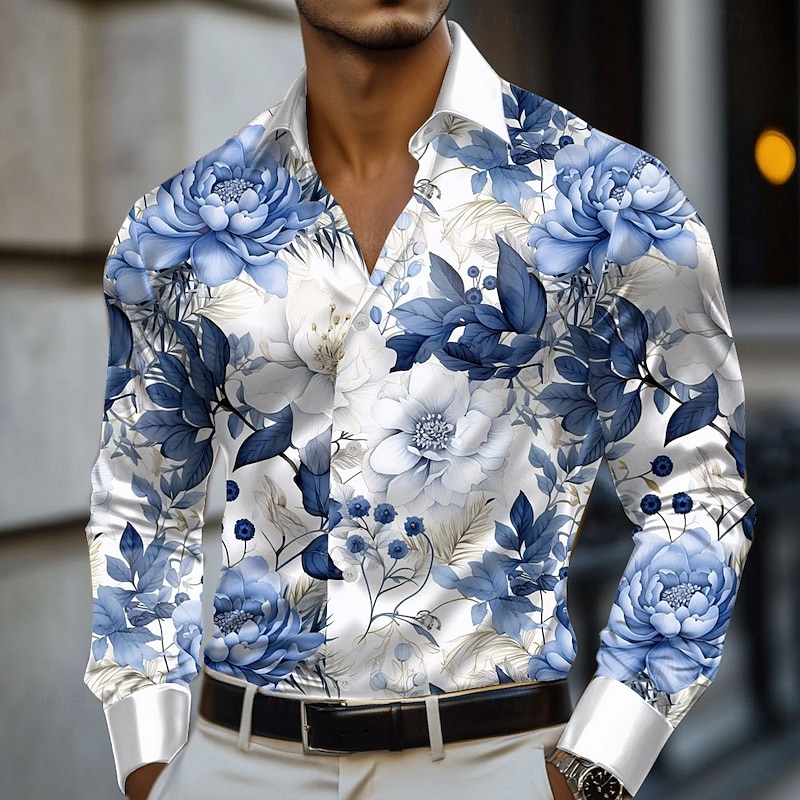 Easter Men's Floral Print Lily Flowers Satin Shirt Dress Shirt Button Up Shirt Long Sleeve Fashion Casual Vacation Holiday Summer Spring Fall Turndown Collared Shirts 3D Print White