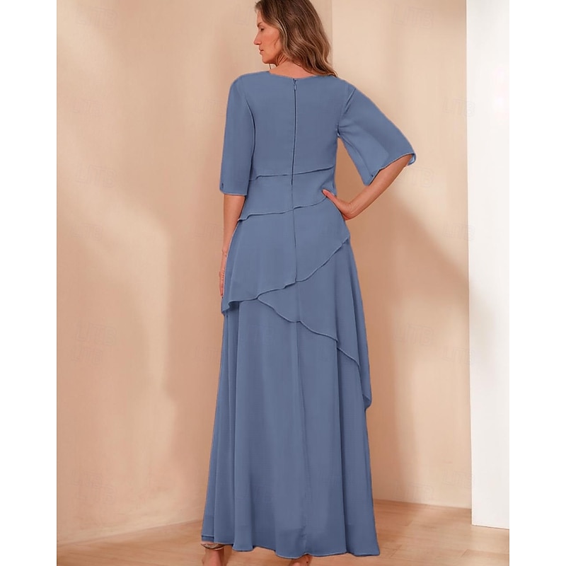 Sheath / Column Mother of the Bride Dress Formal Elegant Vintage Simple Crew Neck Floor Length Chiffon Half Sleeve with Ruffles Cascading Ruffles2
