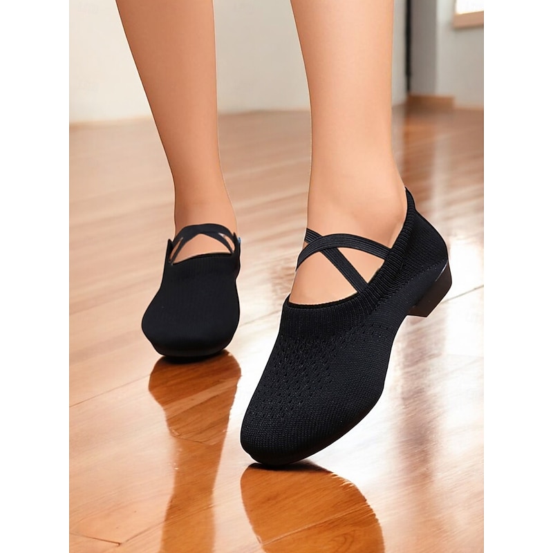 Women's Black Knit Dance Shoes - Breathable Soft Sole Professional Indoor Practice Footwear