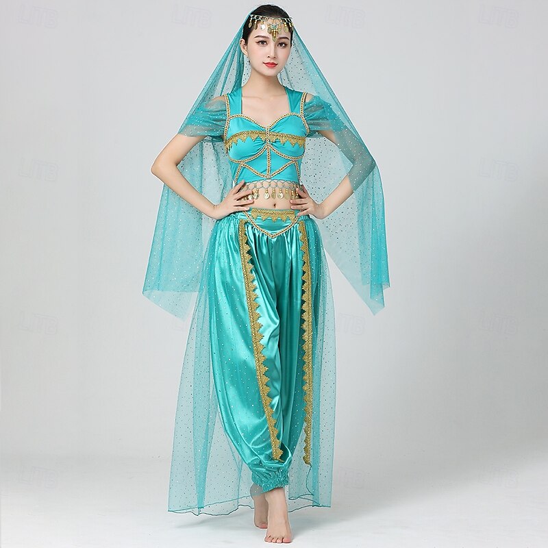 Belly Dance Top Gold Coin Pure Color Splicing Women's Performance Training Short Sleeve High Polyester