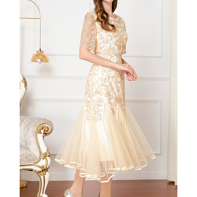 A-Line Beaded Dress Mother of the Bride Elegant Vintage Party V Neck Floor Length Lace Beaded Sequin Lace Short Sleeve with Flare2