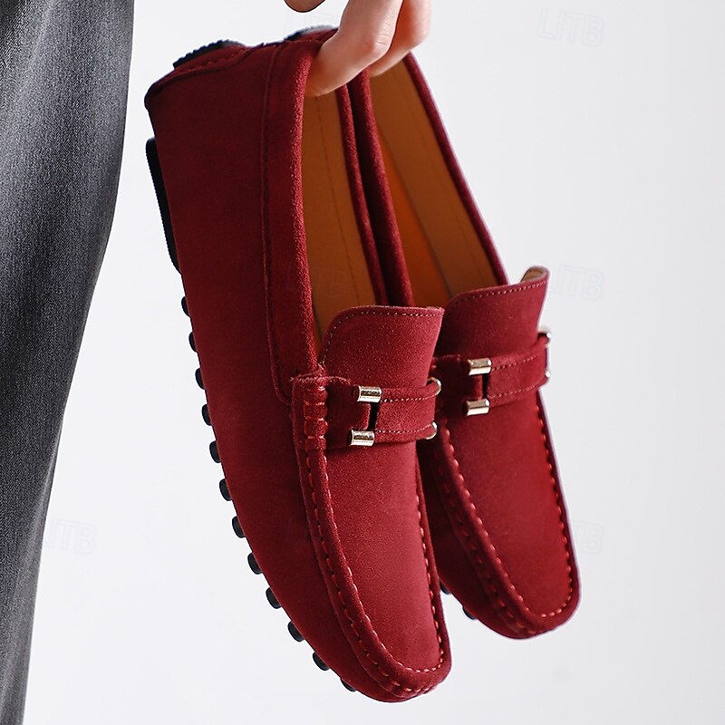 Men's Burgundy Suede Loafers – Slip-On Driving Moccasins with Metal Accent for Casual & Business Wear2