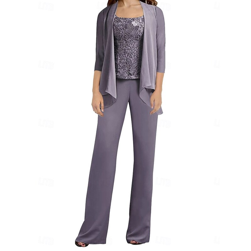 Pantsuit Mother of the Bride Dress Wedding Guest Elegant Simple Scoop Neck Floor Length Polyester Long Sleeve with Appliques Solid Color