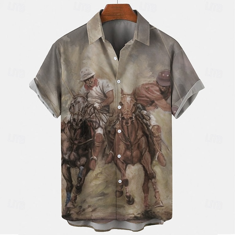 Kentucky Derby Men's Horse Racing Shirt Button Up Shirt Short Sleeve Vintage Retro Holiday Festival Summer Spring Turndown 3D Print Funny Kentucky Derby Shirts Yellow Gray2