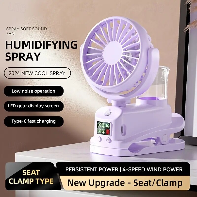 Rechargeable Clip-On Humidifying Fan with Mist Spray – 4-Speed LED Display, 360° Adjustable, USB Type-C – Quiet Mini Desk Fan for Home, Office, Baby Stroller2