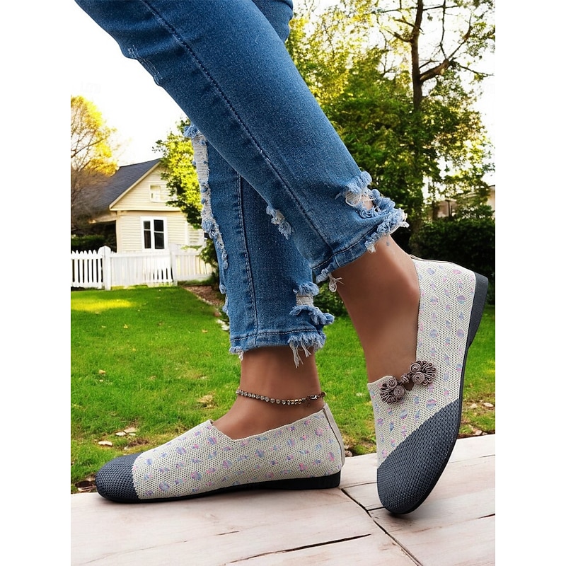 Women's Contrast Color Flyknit Wide Fit Slip-On Flats - Breathable Lightweight Casual Barefoot Shoes with Floral Accents3