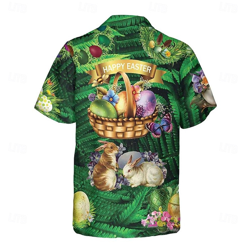Easter Men's Bunny Egg Happy Easter Shirt Cuban Collar Shirt Button Up Shirt Short Sleeve Vintage Retro Vacation Holiday Festival Summer Spring Camp Collar Shirt 3D Print Green2