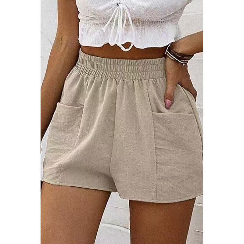 Women's Linen-Inspired Shorts Shorts Slacks Streetwear Casual Short Natural Plain Pocket Elastic Waist Outdoor Comfortable Going out Casual Daily rice white Army Green Dark Gray Summer Regular Fit