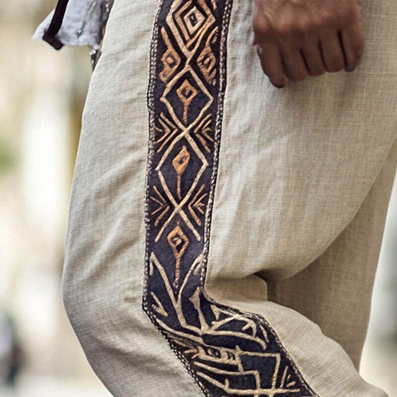 Men's Linen Pants Trousers Summer Pants Drawstring Elastic Waist Straight Leg Plain Comfort Breathable Full Length Casual Daily Holiday Fashion Classic Style Beige2