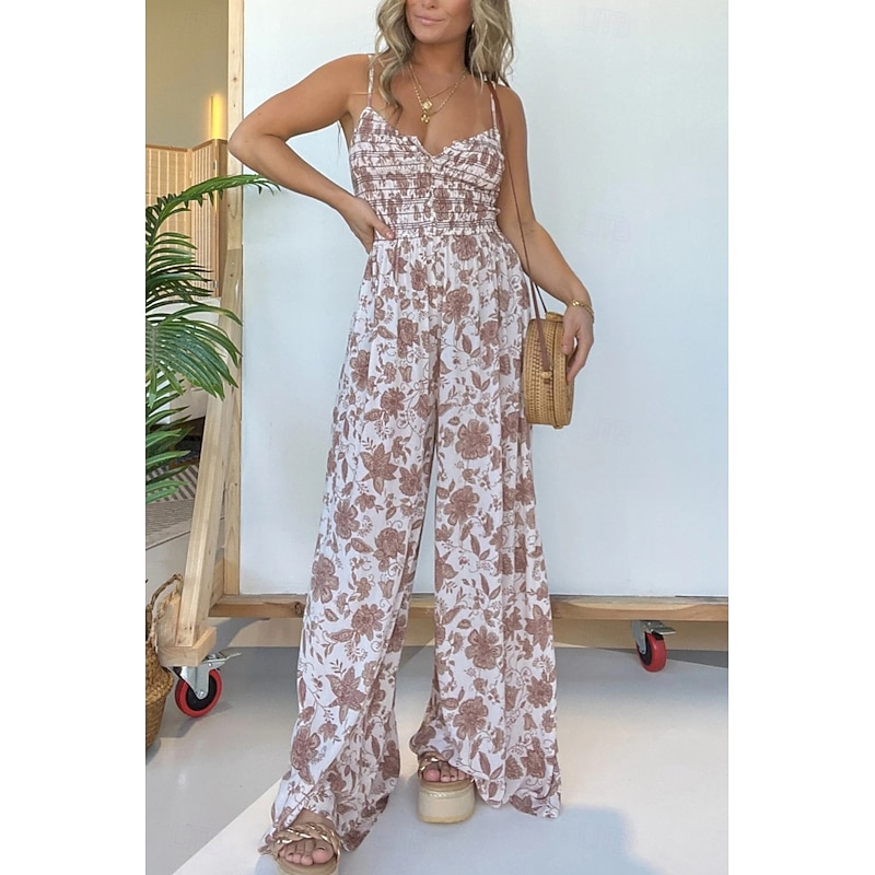 Women's Normal Jumpsuit Streetwear Floral Spaghetti Strap V Neck Print Street Daily Regular Fit Pink Blue Khaki Summer2