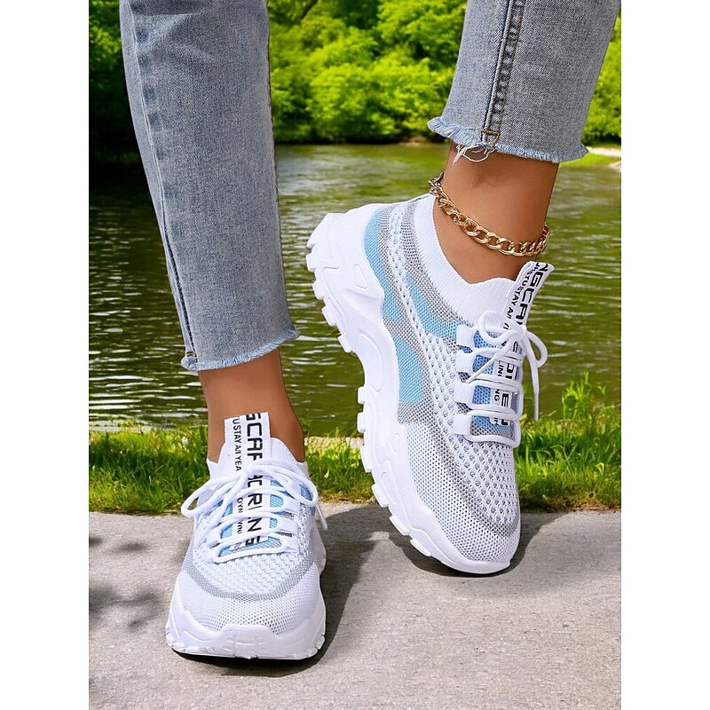 Women's Breathable Flyknit Chunky Sneakers - Lightweight Mesh Lace-Up Sports Shoes, Stylish Casual Trainers for Running & Walking