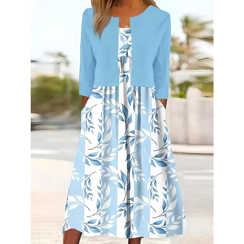 Women's Two Piece Dress Sets Midi Dress with Jacket Elegant A Line Dress Half Sleeve Fit And Flare Dress Party Formal Floral Print V Neck Formal Pink Blue Green Regular Fit2