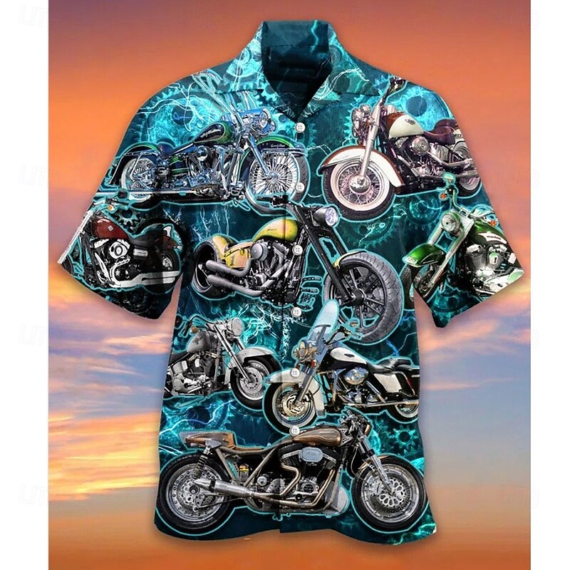 Men's Motorcycle Shirt Summer Hawaiian Shirt Camp Collar Shirt Short Sleeve Shirt Turndown Hawaiian Designer Casual Outdoor Street Casual Red Navy Blue Blue 3D Print S M L4