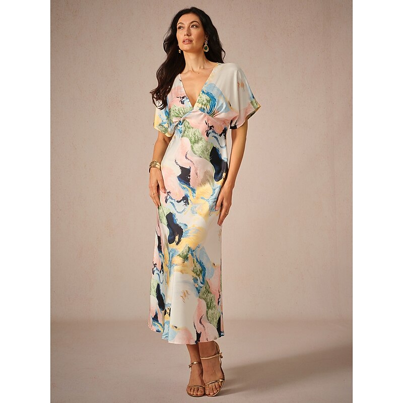 Women's Wedding Guest Dress Elegant Tie Dye Maxi Dress Short Sleeve V Neck Print Loose Fit Daily White Blue Purple Summer Dress3