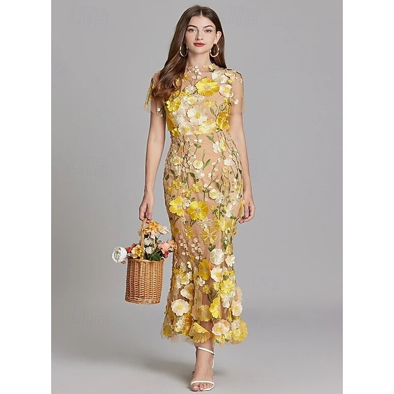 Mermaid / Trumpet Quinceanera Dresses Elegant Dress Wedding Wedding Guest Ankle Length Short Sleeve Crew Neck Polyester with Embroidery