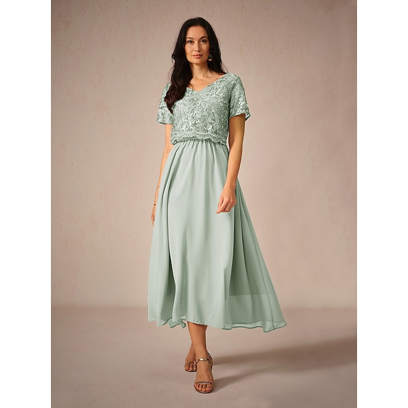 Women's Wedding Guest Cocktail Dress Maxi Dress Contrast Lace Party Elegant Formal V Neck Short Sleeve Pink Green Gray Color 17