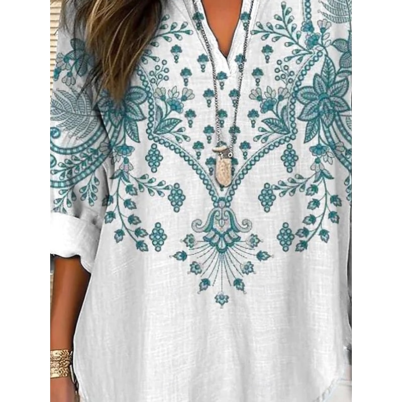 Women's Blouse Tunic V Neck Long Sleeve Boho Casual Tops Floral Graphic Vintage Regular Tops Daily Print White Red Royal Blue Purple Green3