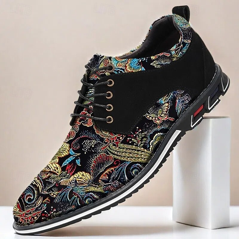 Men's Black Jacquard Floral Lace-Up Dress Shoes, Vibrant Embroidered Detail, Perfect for Weddings and Special Events2