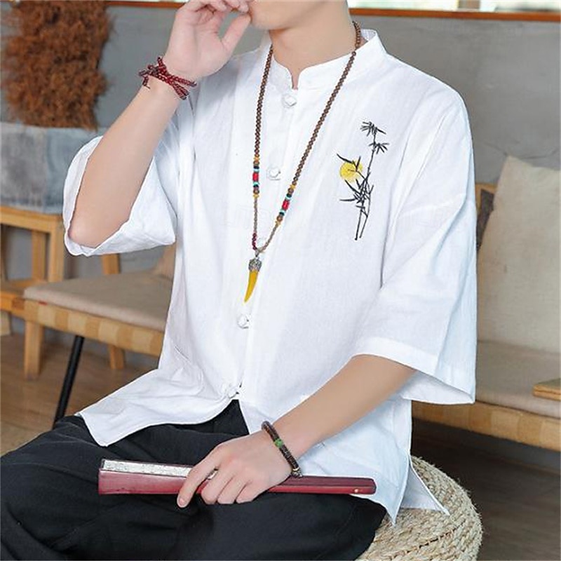 Men's Shirt Linen Shirt Casual Shirt Cotton Linen Shirt Button Up Shirt Embroidery Vacation Street Black White Dark Navy Blue 3/4 Length Sleeve Standing Collar Spring Clothing Apparel Button-Down2