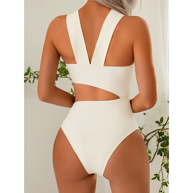Women's Swimsuits One Piece Monokini Swimsuit Backless Tummy Control High Waist Slim Vacation Beach Wear Solid Color Asymmetric Neck Sleeveless Bathing Suits4