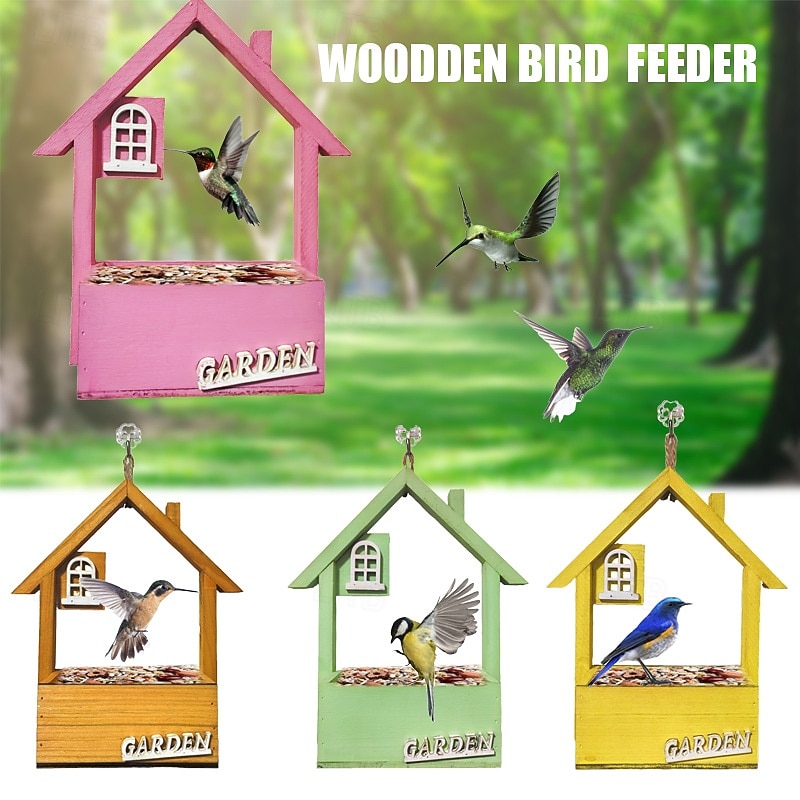 Wooden Bird Feeder House, Hanging Bird Nest with Roof, Outdoor Bird Feeding Station, Weather-Resistant Birdhouse for Garden, Yard, Patio Decor - Main Image