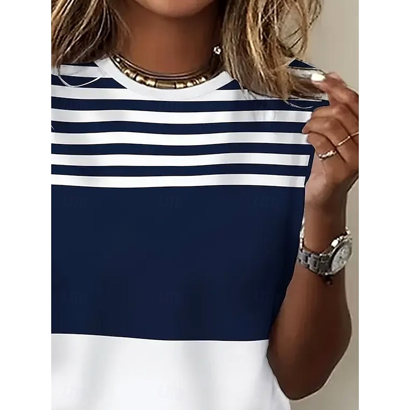 Women's T Shirt Graphic Striped Stylish Casual Short Sleeve Round Neck Regular Tops Daily Weekend Patchwork Print Navy Blue Summer Spring2