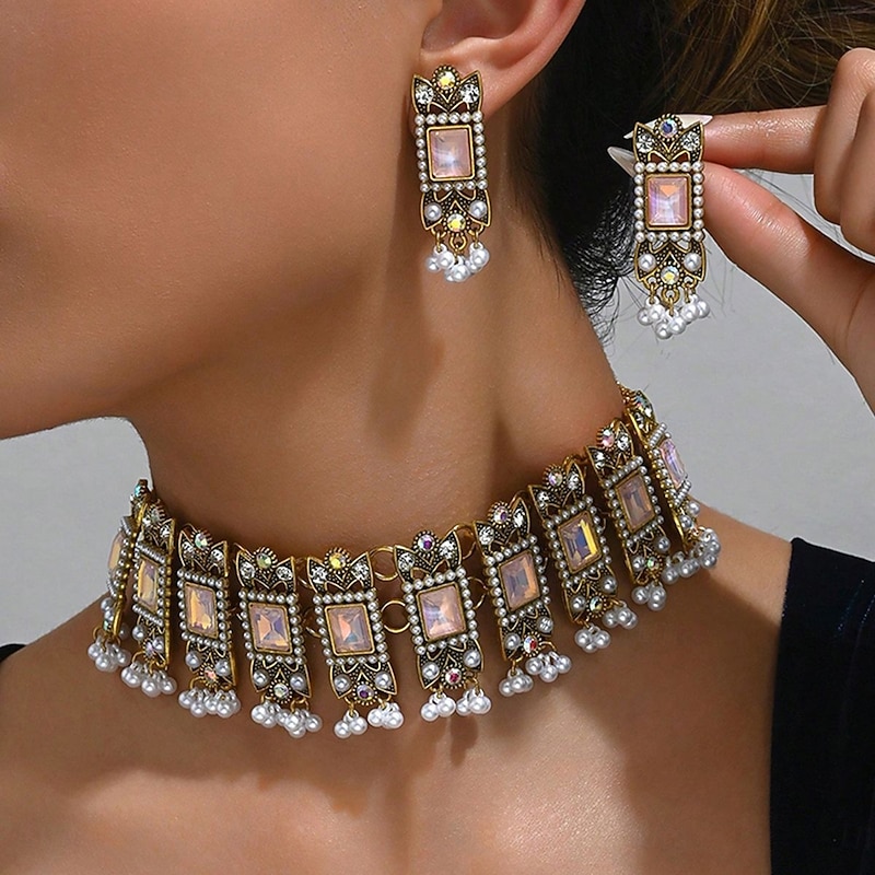 Ethnic style alloy gem necklace earrings 2-piece retro Heavy Industry pearl fringe head jewelry4