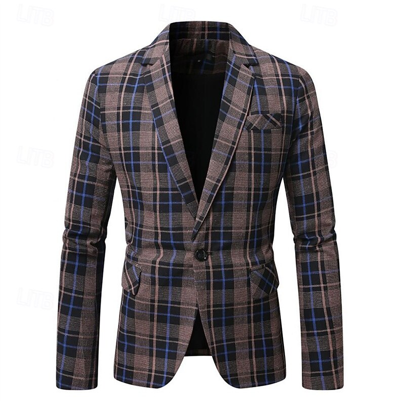 Men's Blazer Business Cocktail Party Wedding Party Fashion Casual Spring Autumn / Fall Polyester Plaid Pocket Buttons Comfortable Single Breasted Blazer Coffee2