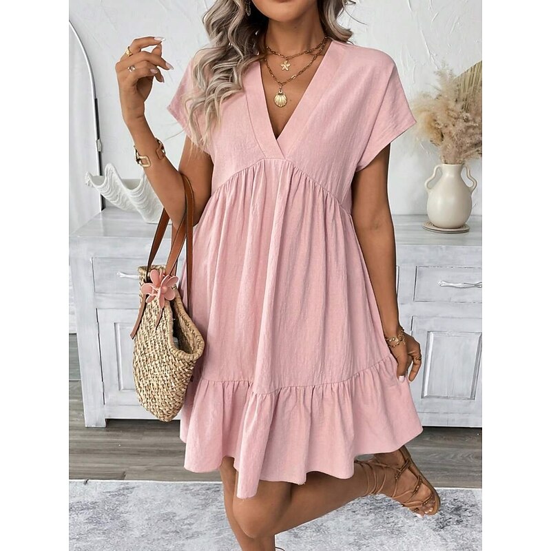 Women's Mini Dress A Line Dress Summer Dress Solid Color Casual Daily Regular Fit Graphic Short Sleeve V Neck Pink Green Apricot Summer