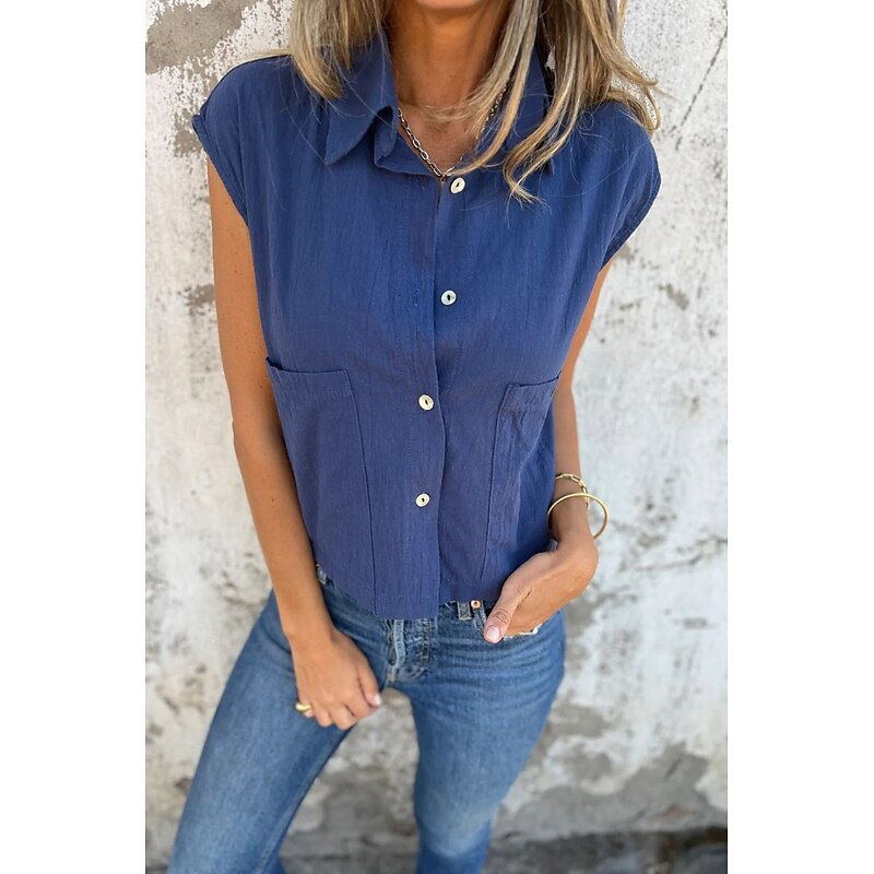 Women's Shirt Cotton Linen Shirts Linen Shirt Button Up Plain Stylish Modern Sleeveless Shirt Collar Regular Tops Daily Holiday Going out Buttons White Navy Blue Apricot Summer