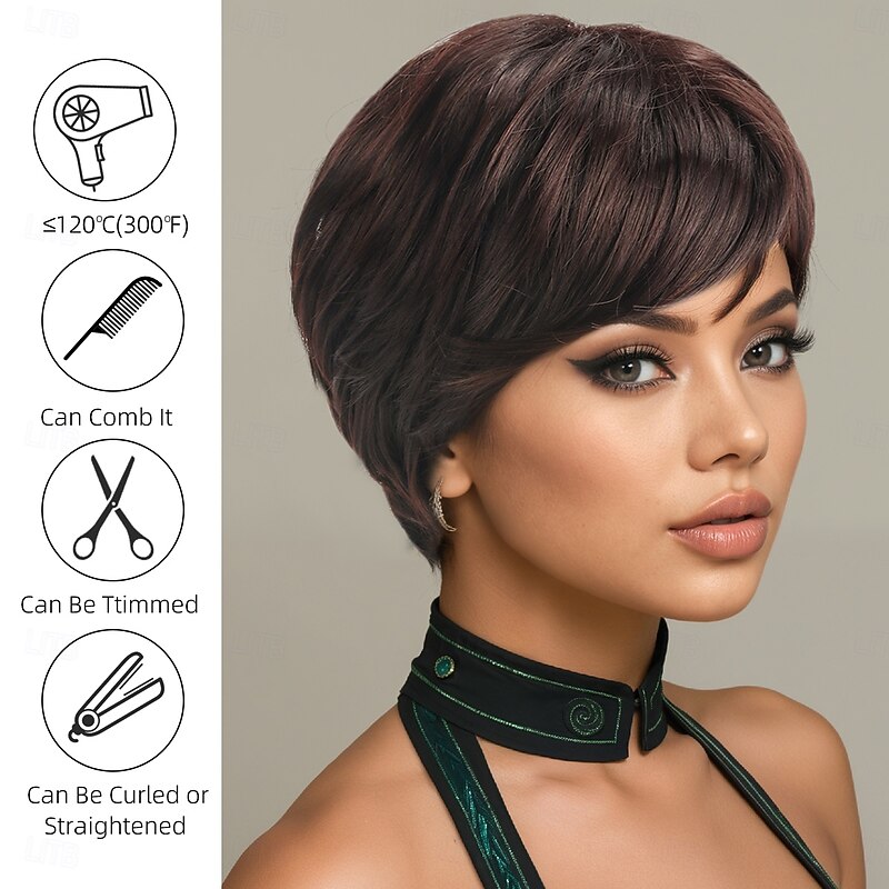 Synthetic Wig Straight Natural Straight Asymmetrical Neat Bang Machine Made Wig 10 inch A1 Synthetic Hair Women's Cool Classic Comfortable Multi-color2