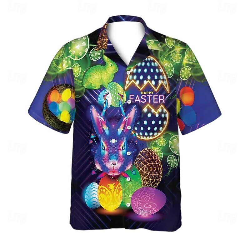 Easter Men's Bunny Easter Egg Shirt Cuban Collar Shirt Button Up Shirt Short Sleeve Vintage Retro Vacation Holiday Festival Summer Spring Camp Collar Shirt 3D Print Purple