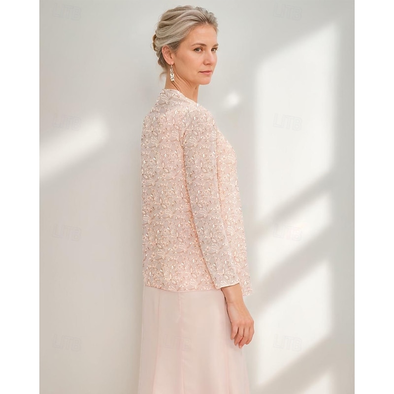 A-Line Dress Mother of the Bride Dress Wedding Guest Church Elegant Vintage Jewel Neck Ankle Length Chiffon Long Sleeve with Sequin Embroidery2