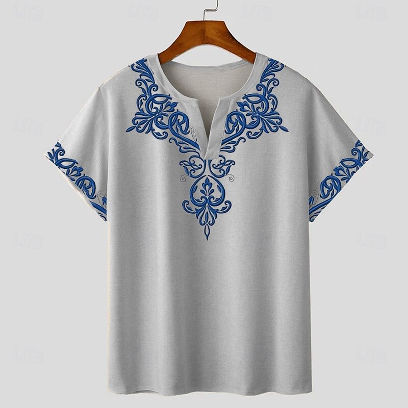 Men's Bandana Print T shirt Tee Short Sleeve T shirt 3D Print V Neck Shirt Designer Boho Vacation Daily Light Blue Khaki Gray Summer Spring Clothing Apparel Normal S M L XL XXL XXXL3