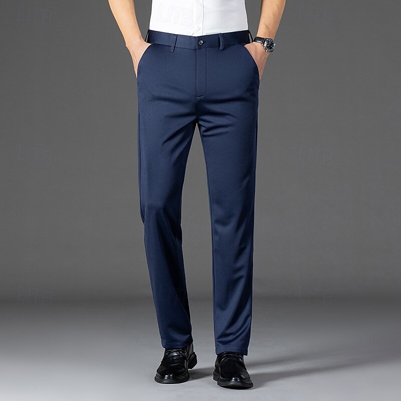 Men's Dress Pants Trousers Suit Pants Pocket Plain Breathable Moisture Wicking Full Length Outdoor Business Daily Fashion Streetwear Black Navy Blue Micro-elastic